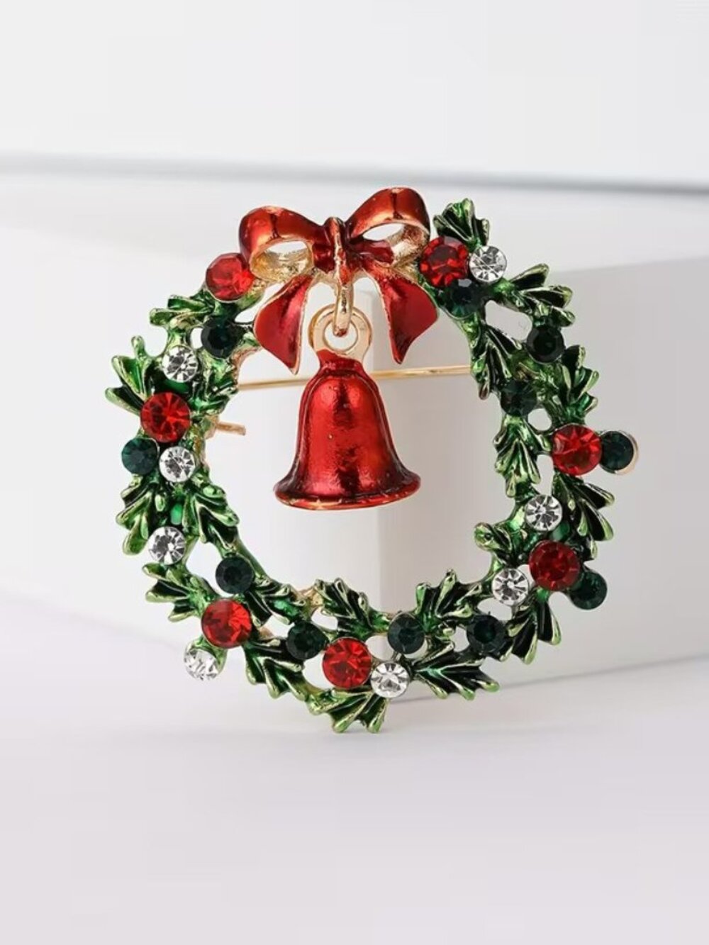 Holiday Christmas Wreath Brooch with Bell, Ribbon and and Rhinestones